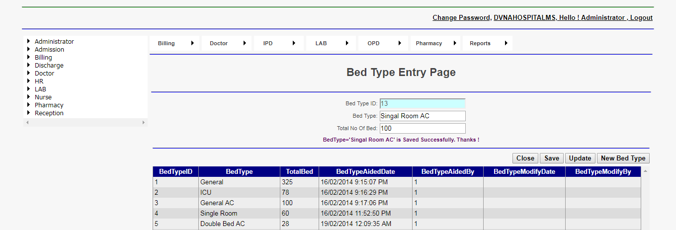 DVNA Hospital Management Software Bed Type Entry Page
